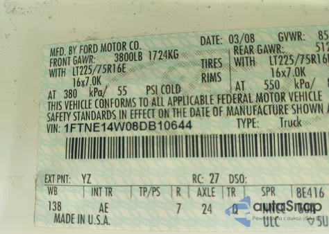 2008 Ford E-150 Commercial/Recreational из США, поврежденный, VIN 1FTNE14W08DB10644